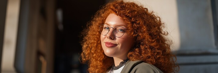 Fototapeta premium Caucasian young woman with red curly hair and glasses smiling outdoors