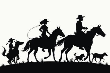 Silhouette of Cowboy and Cowgirl Riding Horses with Dogs in the West