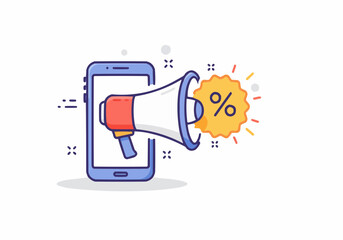 Smartphone displaying a megaphone with a percentage discount symbol, representing online promotions and advertising.