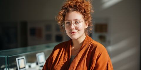 Young caucasian female with curly hair wearing glasses in stylish orange outfit indoors