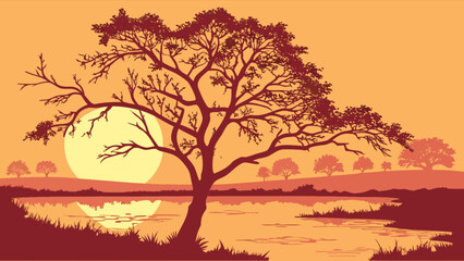 Sunset landscape tree silhouette vector graphic nature scene african savanna scenic background illustration