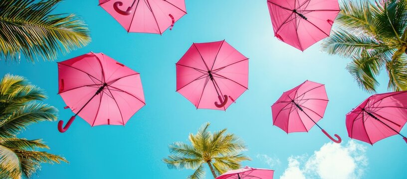 Many pink umbrellas floating in the bright blue sky with palm trees - Powered by Adobe