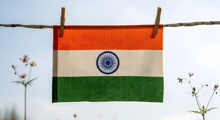 Flag Hanging on a Clothesline with Flowers and Blue Sky