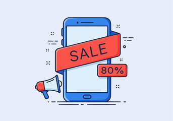 A smartphone display with a red "SALE" banner and an "80%" tag, accompanied by a megaphone.