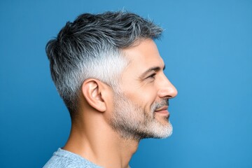 Obraz premium Chic men's side part haircut - midlife middle eastern man with middle hair. A joyful and radiant male expressing confidence. Blue solid background. Creative design idea of style for aging men.