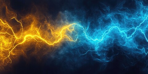 Abstract energy clash of yellow and blue lightning