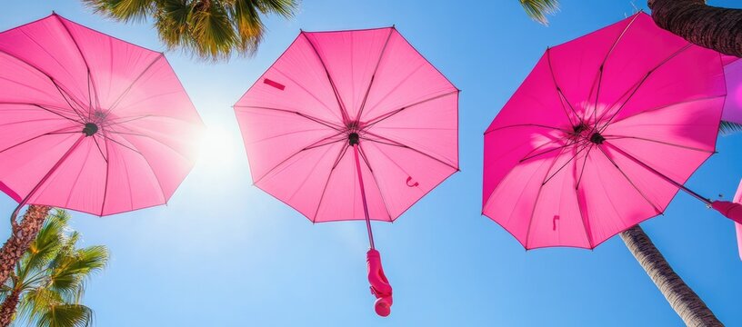 Pink umbrellas float against a vibrant blue sky. Palm trees peek through