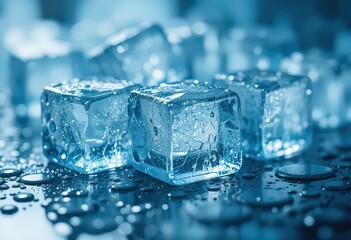 Close-up of wet ice cubes on a surface with melting droplets in cool blue tone.