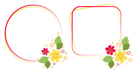 Set of frames of round and square shapes with floral compositions in single style. Pair of vector backgrounds with space for copy, photo, text. Simple flat flowers and leaves. Modest bright wedding 