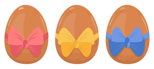 Dark chicken eggs decorated with bows of different colors. Vector isolated symbol of birth, motherhood and new beginnings. Satin ribbons red, blue, yellow. Fragile eggshell - house for baby