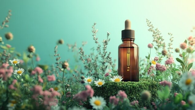 Amber glass dropper bottle amidst wildflowers