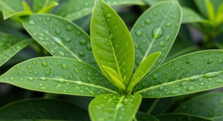 Lush Green Leaves Adorned with Sparkling Raindrops in a Close-Up View