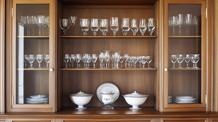 A beautifully crafted wooden cabinet with glass panels showcasing vintage china sets and sparkling crystal glassware.

