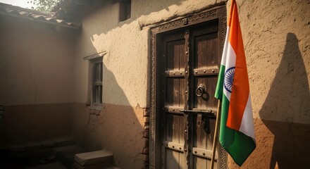 Indian Flag Near a Wooden Door on a Rustic Building at Daytime