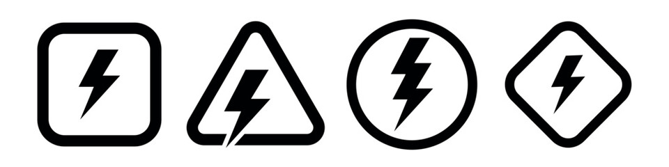 Thunderbolt icon set with electric hazard symbols in triangle, circle and square shapes