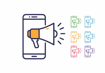 A smartphone with a megaphone icon, representing mobile marketing or announcement, in different color variations.