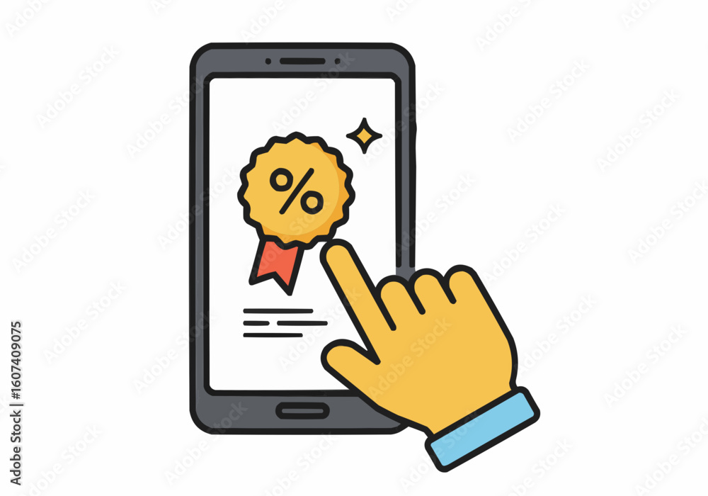 Poster a hand interacts with a smartphone screen displaying a percentage symbol.