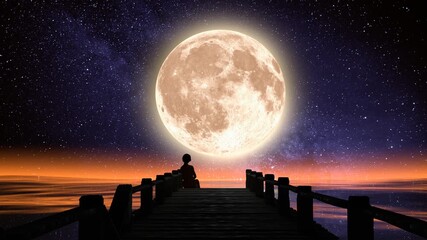 Girl sitting on a pier at night looking at the big full moon and gentle waves reflecting colourful sky, moon and stars. Camera slowly moves through the pier towards the girl. 3D illustration