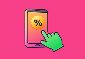 A green hand taps a percentage discount symbol displayed on a smartphone screen.