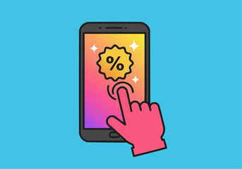 Hand touches a smartphone screen displaying a percent discount icon.