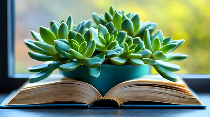 A succulent plant in a teal pot sits on an open book near a window.