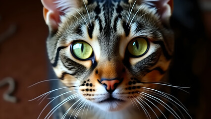 Close-Up Portrait of Tabby Cat with Green Eyes – Dramatic Pet Photography