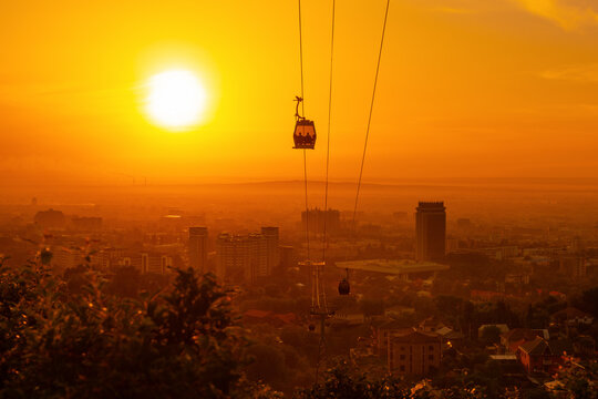Cable car to the Kazakh city of Almaty on a hot summer evening