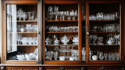 A beautifully crafted wooden cabinet with glass panels showcasing vintage china sets and sparkling crystal glassware.

