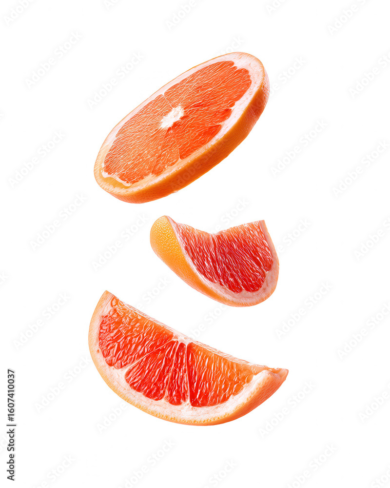 Poster grapefruit slices floating - citrus fruit on white