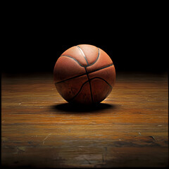 Obraz premium A used basketball sits on a dark brown wooden floor.