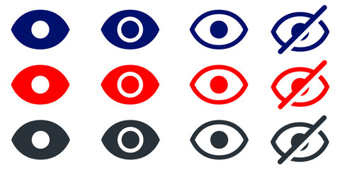Visual Icon Set: A series of graphical representations of eyes, depicting visibility and hidden state in various color tones.