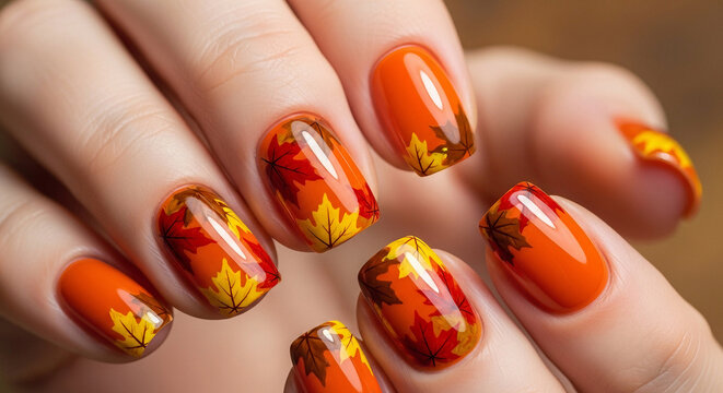 Autumn maple leaf design manicure for stylish nail art