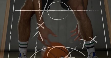 Athlete receiving falling basketball and practicing dribble moves guided by animated chalk diagram - Powered by Adobe