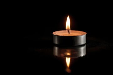 Single Candle Flame on Black Background.