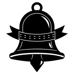 A black silhouette of a christmas bell with a ribbon on a white background