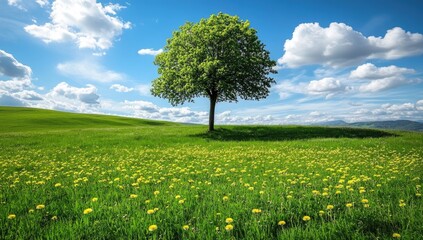 Solitary tree in a vibrant meadow bathed in sunlight. Lush green grass dotted with yellow wildflowers, gentle hills, a clear blue sky with puffy white clouds
