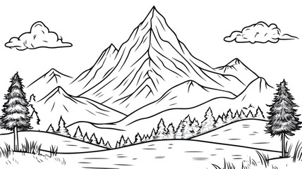 Simple Line Mountain Coloring Page Vector Isolate for Creative Designs