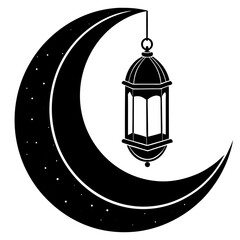 A crescent moon with a hanging lantern and scattered stars
