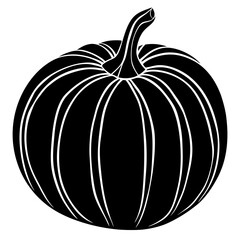 A bold black silhouette of a pumpkin with white lines highlighting its segments, isolated on a white background