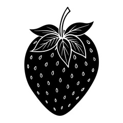 A detailed black silhouette of a ripe strawberry with seeds and leaves, isolated on a white background
