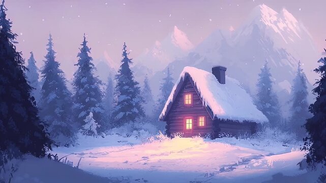 Snowy cabin nestled amid pine trees and towering mountains, bathed in a soft, gentle light, creating a serene winter scene