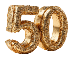 Golden 50th anniversary celebration event venue decorative display festive atmosphere isolated on transparent background