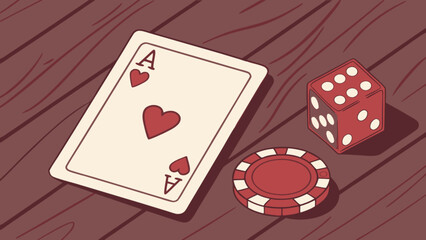 Ace of hearts poker card with red casino chip and dice on wooden table for gambling games concept