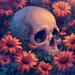 Cartoon Skull in Flowers – Colorful Halloween Illustration