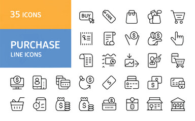 A collection of 35 black outline icons related to purchasing and finance on a white background with a blue and orange header
