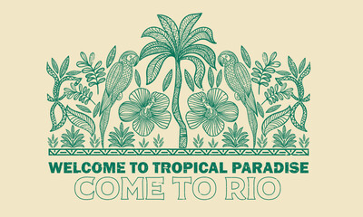 Naklejka na ściany i meble Copacabana beach art. Rio de janeiro. Summer vibes artwork. Palm tree artwork. Tropical paradise. Macaw paradise artwork. Tropical vibes t shirt artwork. Amazing brasil. Line drawing. 