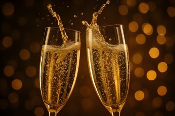 Elegant Gold Champagne Flutes with Splashing Bubbles, Festive Celebration Toast in Amber Lighting