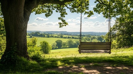 A peaceful wooden bench swing hanging from a sturdy oak tree, offering a relaxing view of the countryside.

