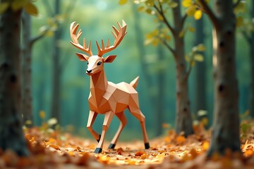 Geometric deer in autumn forest with fallen leaves
