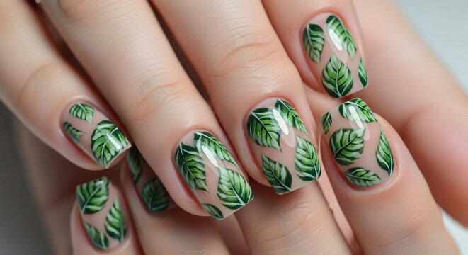Close up of female hands with leaf pattern manicure
